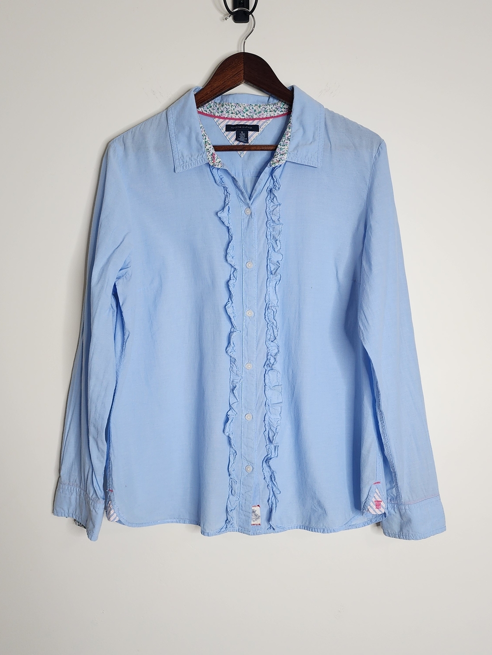 Tommy Hilfiger Light Blue Cotton Ruffle Front Button-Up Shirt XL Preppy Coastal